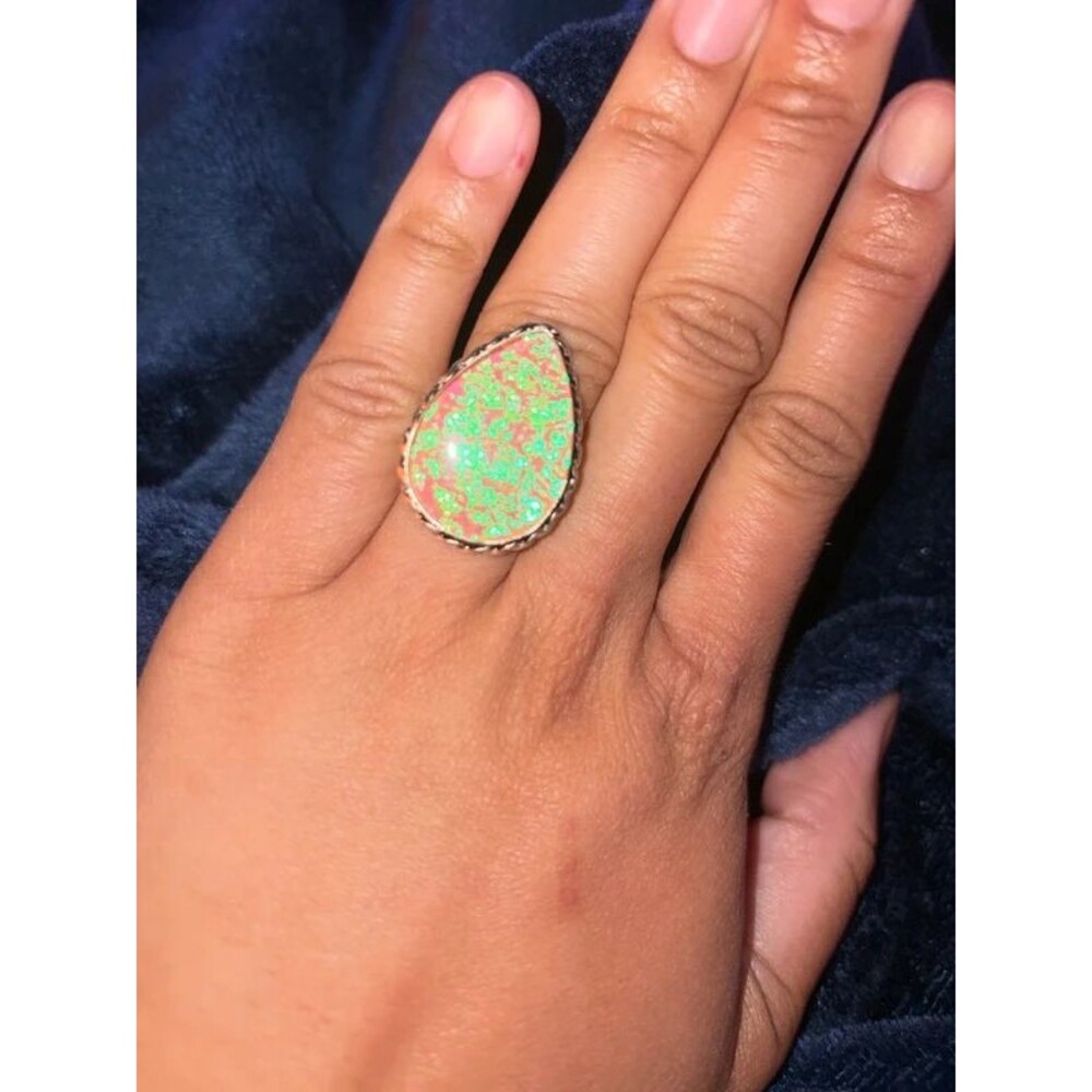Iridescent Opal Look Teardrop Statement Ring Silver Tone Size 7